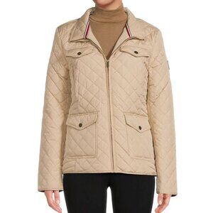Tommy Hilfiger Women's Quilted Zip-Up Stand Collar Jacket, Khaki, Small